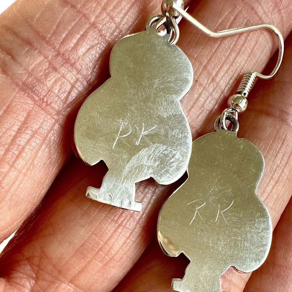 Native American Owl Earrings Zuni Inlay Hook Sterling Dangle Signed Kallestewa
